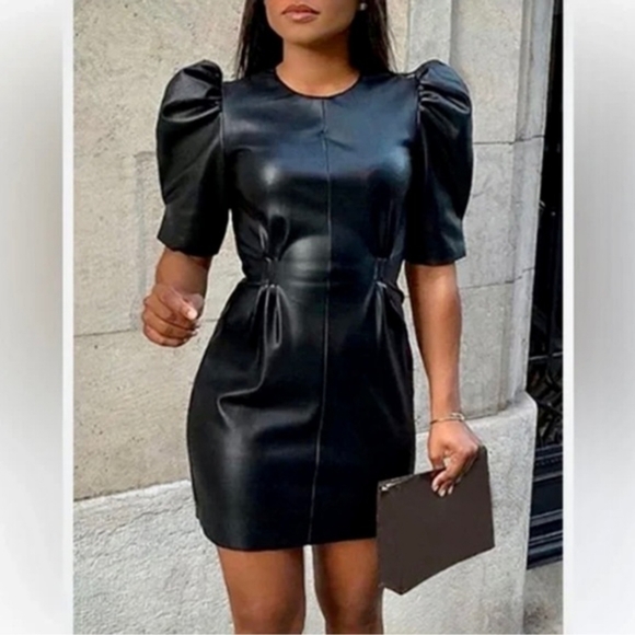 ZARA Black Leather Puff Sleeve Mini Dress Stretch Size Medium - Picture 8 of 14